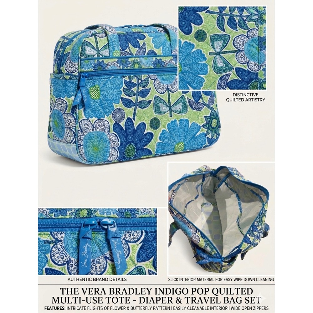 Vera Bradley Indigo Pop Quilted Multi-Use Tote Diaper Travel Bag Green Floral